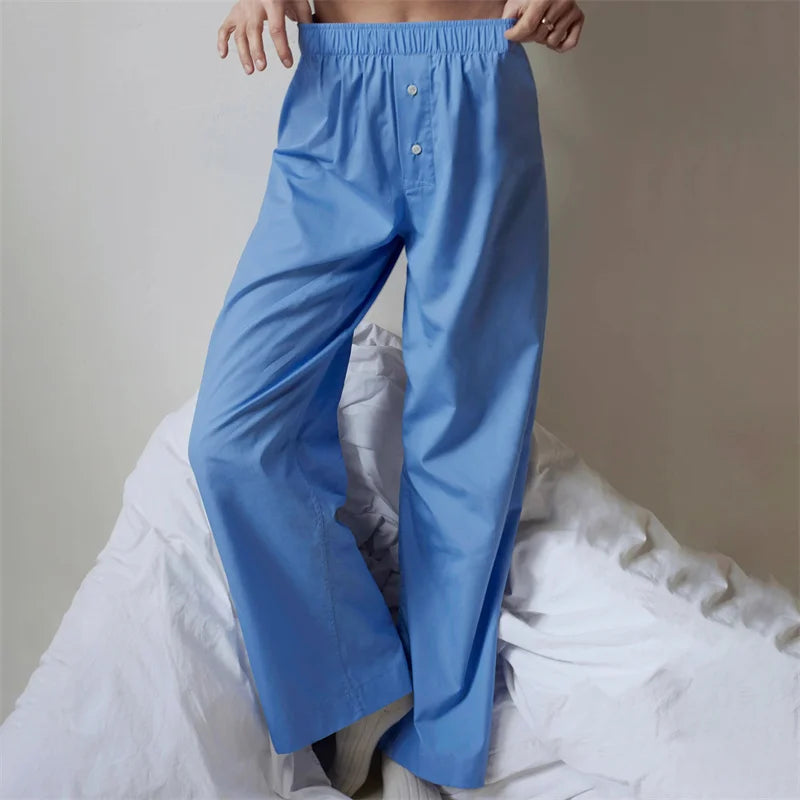 Lamuusaa y2kPants Women Clothes Solid Color/Striped Elastic Waist Wide Leg Loose Trousers with Buttons Decor 2000s Streetwear