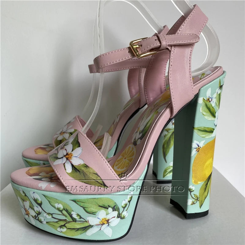 Print Flower Genuine Leather Sandals Women Chunky Heel High Platform Ankle Strap Open Toe Summer Shoes For Girls