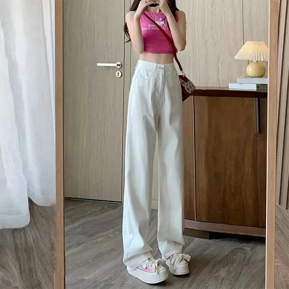 Fashion Artistic Lightweight Women Trendy Wide-legged Pants Simple Style Solid High-Waist Design Suitable Casual White Trousers