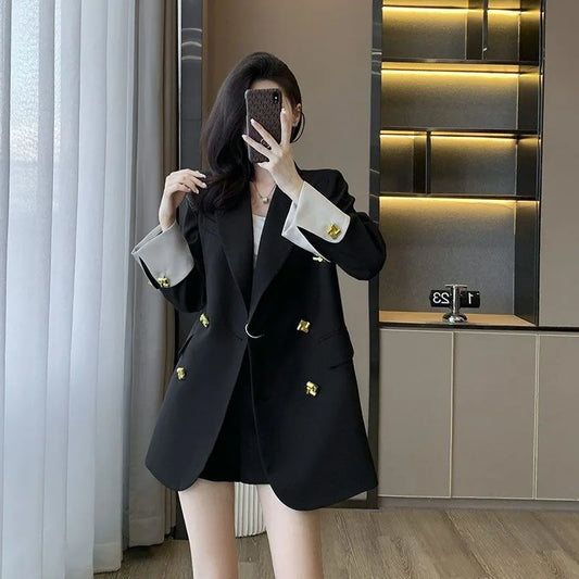 Korean Women's Blazer 2024 Spring Autumn New Double Breasted Color Matching Suit Coat Fashion Loose Long Sleeve Female Jacket