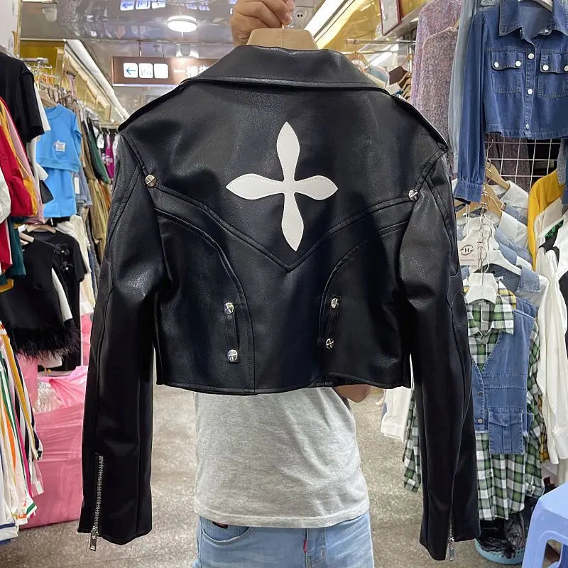 2024 New Spring Autumn Leather Jacket Women Short Fashion Motorcycle Small Coat Slim