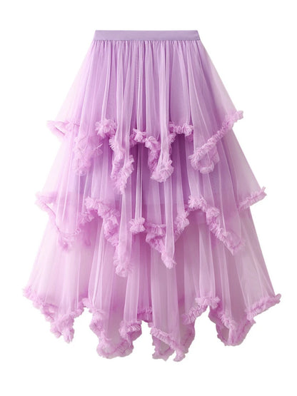 2024 New Fashion Women's Asymmetrical Tulle Ball Gown Skirt Casual Elegant High Waist Fairy Mesh A-line Skirts for Spring Summer