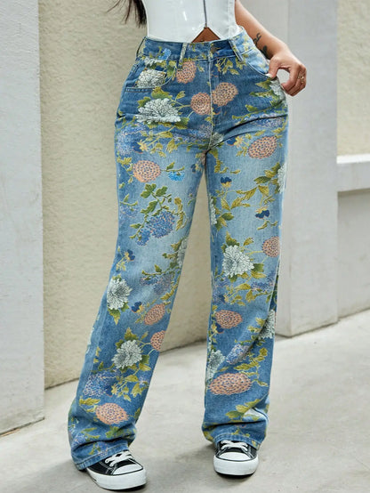 90s Vintage High Waist Floral Print Slant Pocket Baggy Loose Fit Wide Leg Cargo Jeans Country Festival Outfit