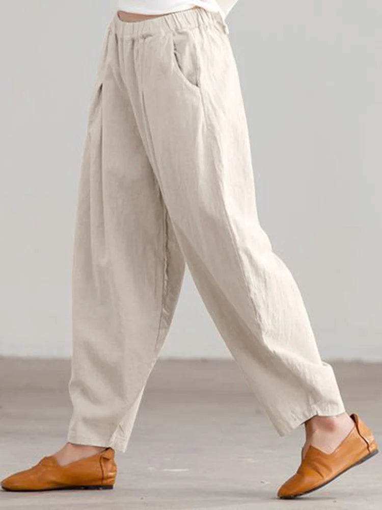 2024 ZANZEA Summer Elastic Waist Solid Casual Cotton Trousers Women Loose Pants Vintage Harem Pantalon Fashion Oversize Palazzo