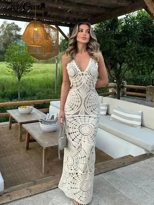 Crochet Hollow Out Chic Maxi Dress Women Sexy V-neck Sleeveless Backless Slim Knit Dresses 2024 Summer Vacation Beach Vestidos