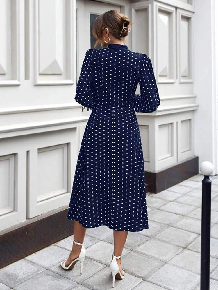 Women's Fashion French Full-body Polka Dot Print Tie Lantern Sleeve Small Stand Collar With Bow A Swing Dress