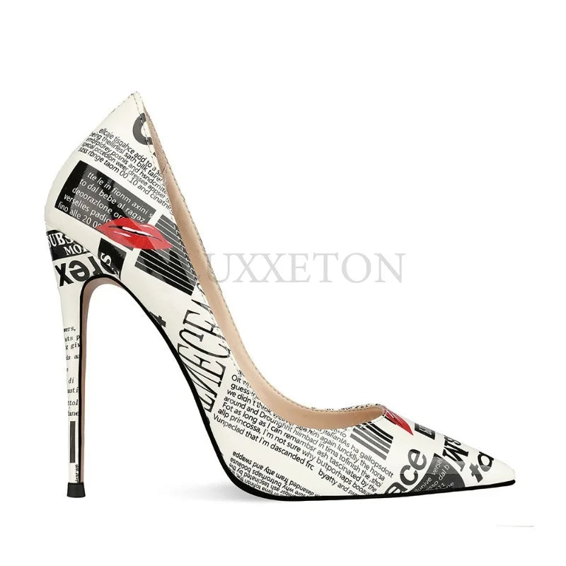 12cm Graffiti Ultra-high Heels Pointed Street Photos Fashion Shows Princess Shoes Casual and Versatile Women Shoes 34-44