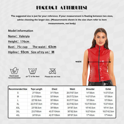 New Sexy Womens Zipper Jacket Wet Look Patent Leather Stand Collar Sleeveless Cami Vest Tank Tops Female Fashion Party Clubwear