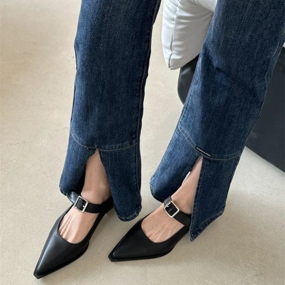 2023 Spring Mary Jane Shoes Pumps Women Low Heels Elegant Leather Pointed Toe Footwear Party Office Lady Shoes