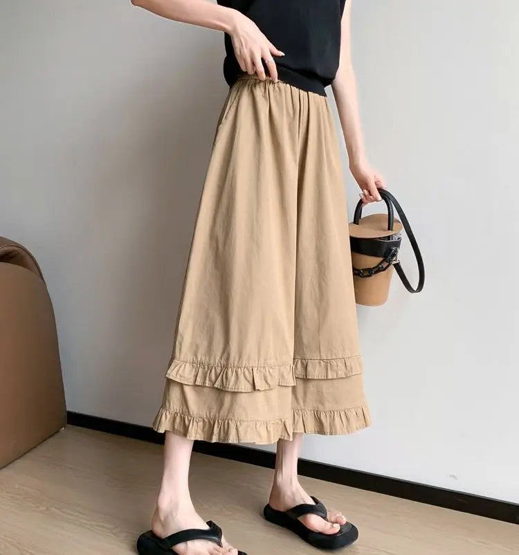 Summer cute casual high-waisted casual pants stitching lace design Mori sweet loose slim nine-minute wide leg pants