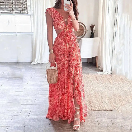 2024European And American Clothing Summer Fashion New Printed Hot Girl Style Deep V Sexy Waist-exposed Long Pleated Casual Dress