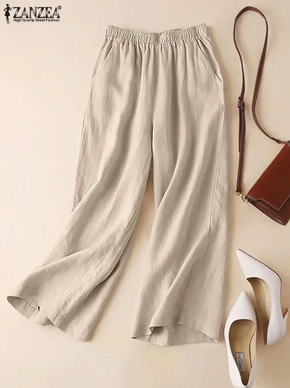 2024 ZANZEA Women Casual Cotton Wide Leg Pants Loose Elastic Waist Palazzo Spring Vintage Solid Pantalon Fashion Long Trousers