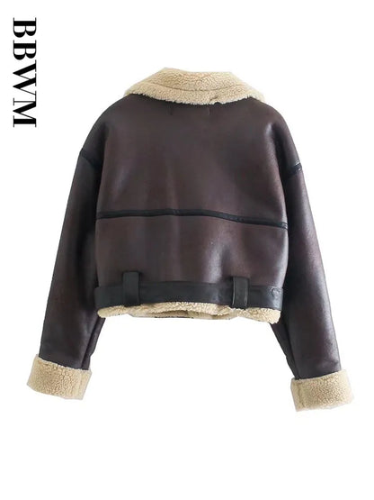 TARF Woman's Fashion Thick Warm Faux Shearling Jacket Coat Vintage Long Sleeve Belt Hem Female Outerwear Chic Tops