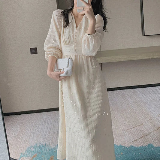 Korean Sequins Party Dress New Vintage French Puff Sleeve Midi Dresses for Women V Neck Elegant Fairy Wedding Dress Robe 20586