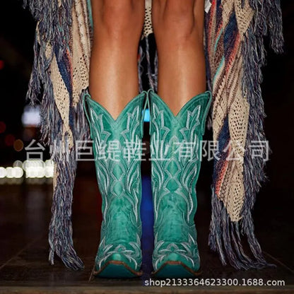 Autumn Winter Knee High Boots 2023 Big Size 43 Women Comfy Walking Female Western Cowboy Embroidery Boot For Shoes