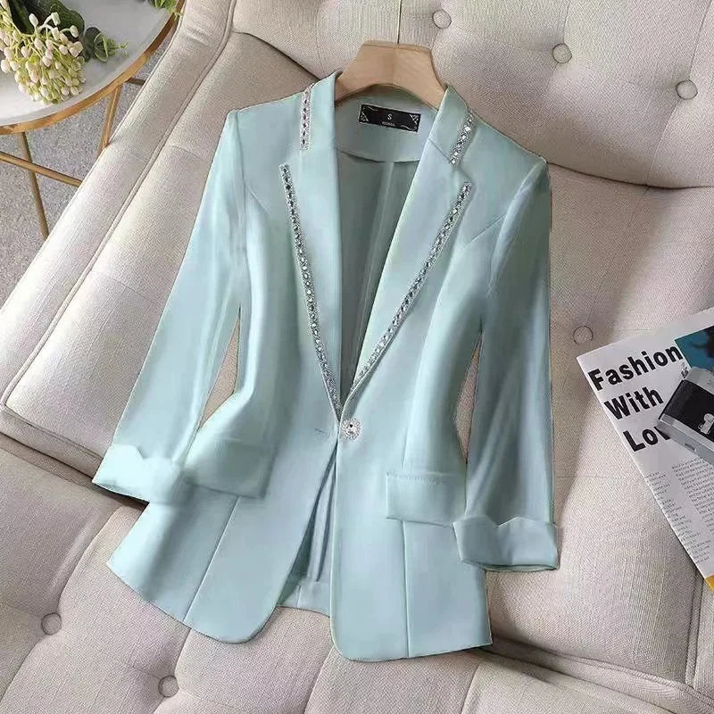 Diamond-Encrusted Suit Female 2023 Spring Summer New Seven-Point Sleeve High-Grade Small Coat Design Sense Niche Fashion Suit XZ