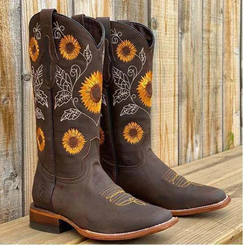 Women Shoes Mid-calf Boots Sunflower Printed Boots Thick Heel Leather Cowboy Boots Plus 35-43