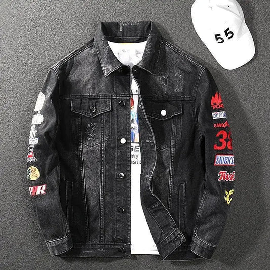 Trendy Hole-punched Denim Jacket For Men Loose-fit Casual Streetwear European American Style Youth Top Clothing