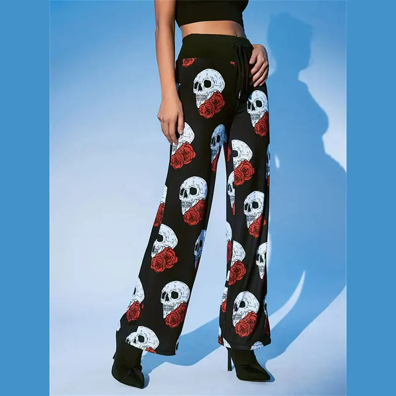 Y.KUKU Autumn Women Long Pants Brand Drawstring Loose Knitted Gothic Skull Printed Y2K High Waist Pants Trousers Female