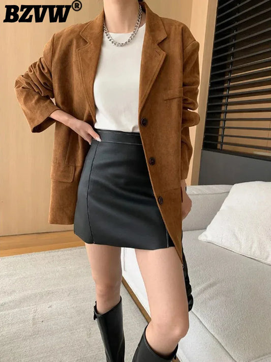 BZVW Office Lady Blazer Women's Notched Single Breasted Solid Color Minimalism Coat 2024 Female Autumn New Clothing 25A8507