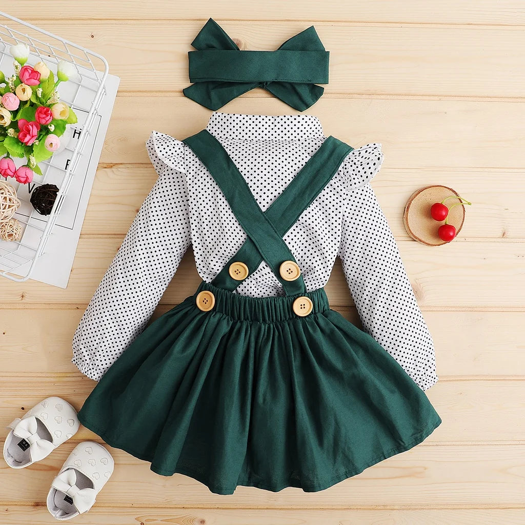 1-4 Years Fashion Kids Girl Clothing Set Long Sleeves WaveShirt+Strap Skirt+Headband 3PCS Costume Spring Autumn Girl Outfit Suit