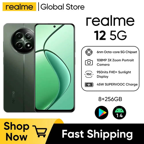 realme 12 5G 6.72'' 90Hz Display 8GB+256GB Android 14 Smartphone 108MP AI Camera 45W SUPERVOOC Charge 5000mAh Battery