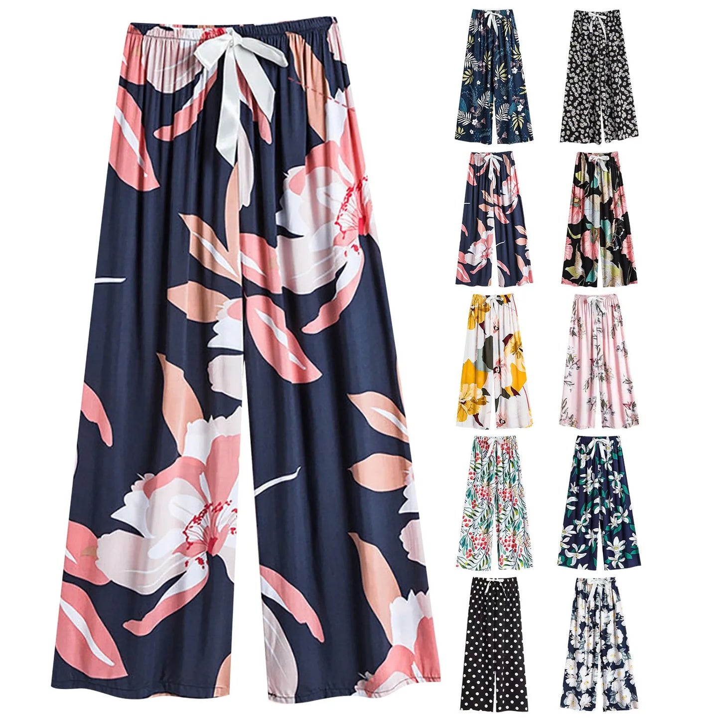 Women Large Size Casual Pants Floral Print Loose Cropped Pants Drawstring Wide Leg Pants Women'S Pants Pantalones De Mujer