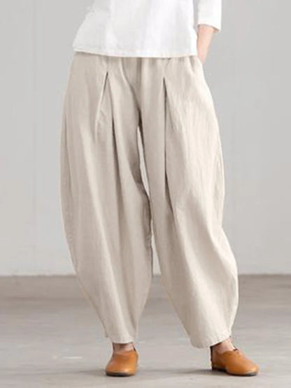 2024 ZANZEA Summer Elastic Waist Solid Casual Cotton Trousers Women Loose Pants Vintage Harem Pantalon Fashion Oversize Palazzo