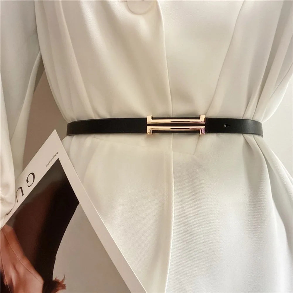 Adjustable Waist Belt Simple Alloy Buckle Thin Dress Coat Decorative Waistband Pu Leather Skinny Waist Straps Women