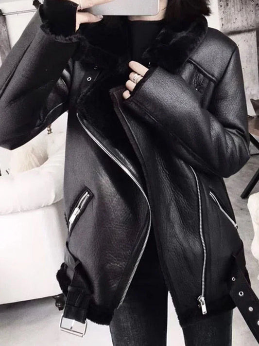 Ailegogo 2023 Winter Coats Women Thick Faux Leather Fur Sheepskin Coat Female Fur Spliced Jacket Aviator Outwear Casaco Feminino