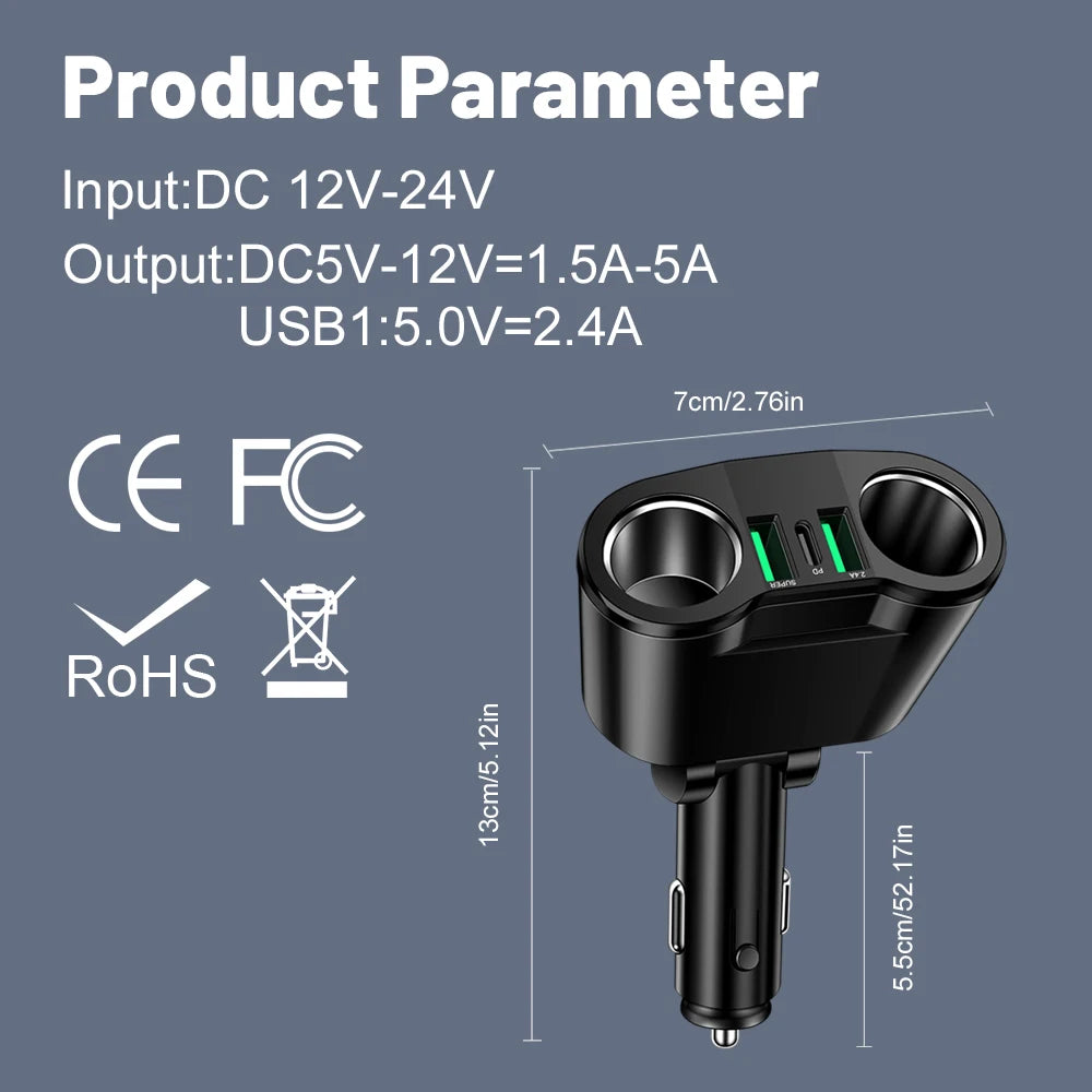 100W 2USB PD Dual Car Cigarette Lighter PD+QC3.0 Car Charger 12V/24V Universal Super Fast Charge Power Adapter Car Styling