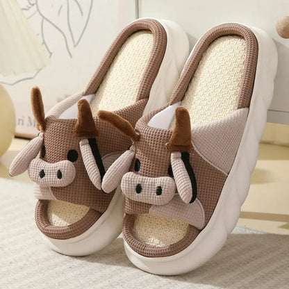 Women Milk Cow Linen Slippers Four Seasons Men Indoor Sandals Adults Cartoon Slides Couples Cute Breathable Home Shoes