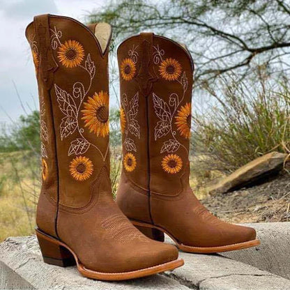 Women Shoes Mid-calf Boots Sunflower Printed Boots Thick Heel Leather Cowboy Boots Plus 35-43