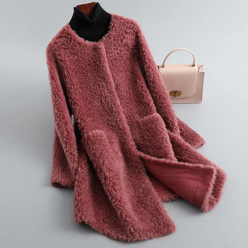 2024 Winter Women New Korean Granulated Sheep Shearling Fur Coat Cardigan Female Mid-Length Lamb Hair Faux Fur All-in-one Coat