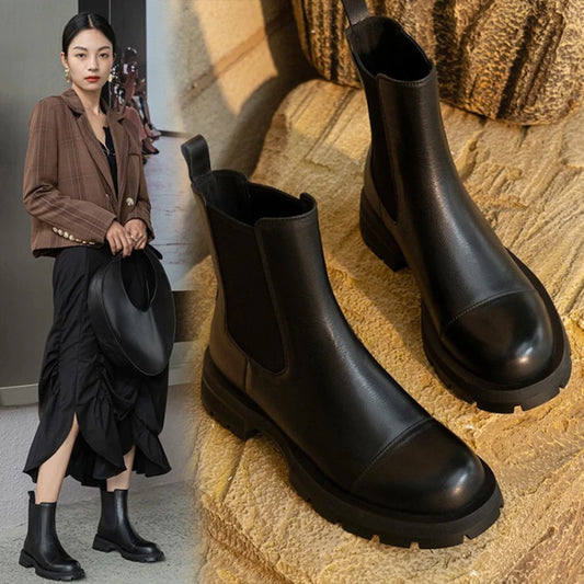 HOT Sales Fall/Winter Shoes Women Leather Ankle Boots Women Round Toe Thick Heel Shoes Solid Chelsea Boots Casual Women Boots