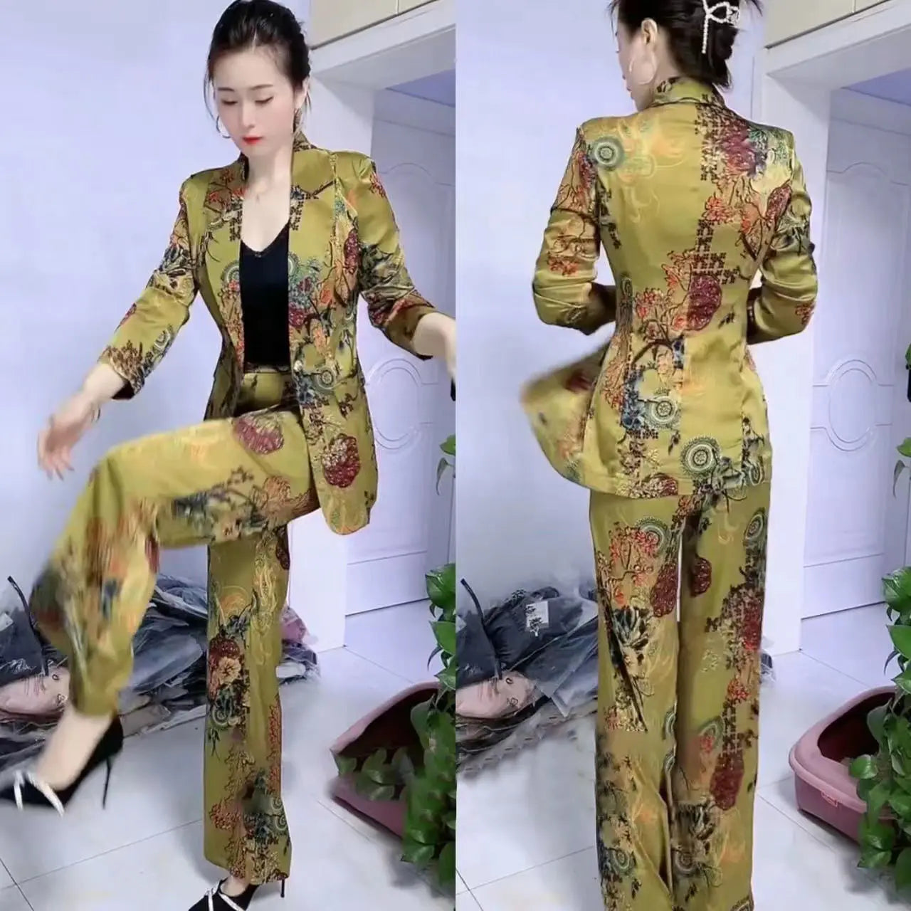 2023 Spring New Vintage Print Casual Jacket Wide Leg Pants Two-piece Elegant Women Pants Suit Office Manager Outfits