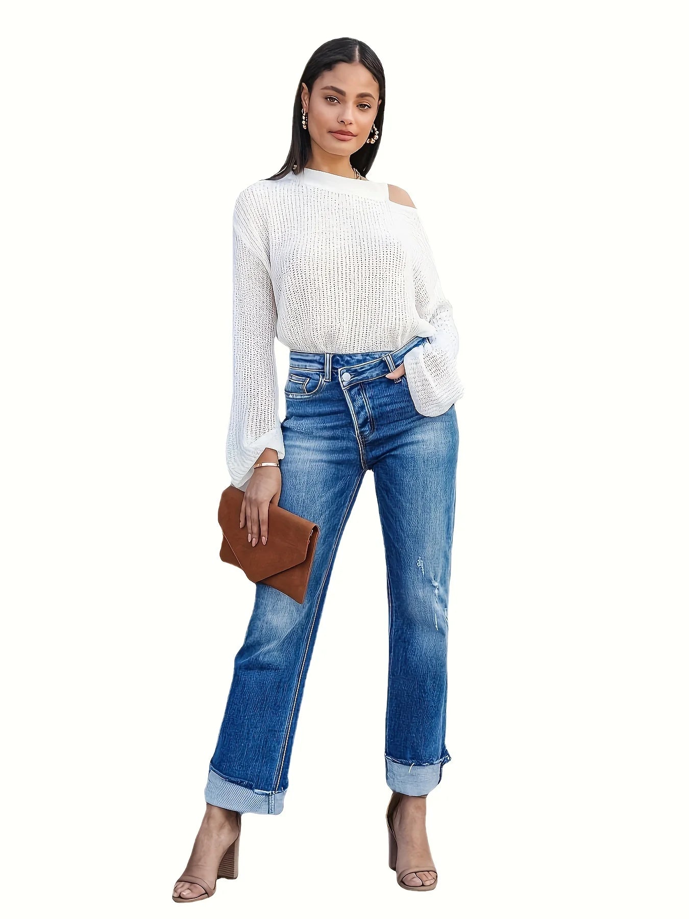 Asymmetrical Waist Casual Straight Jeans, Loose Fit Rolled Hem Denim Pants, Women's Denim Jeans & Clothing