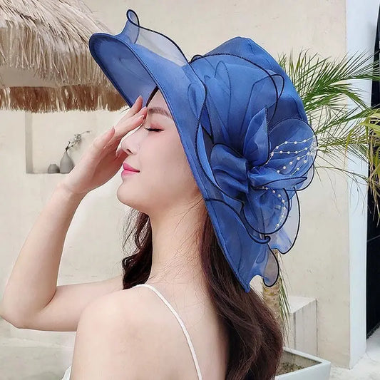 2024 Summer Floppy Wide Brim Sun Hat Women Sun Cap Outdoor Holiday Lady beach Casual Fashion Elegant Flower Organza Church Hat