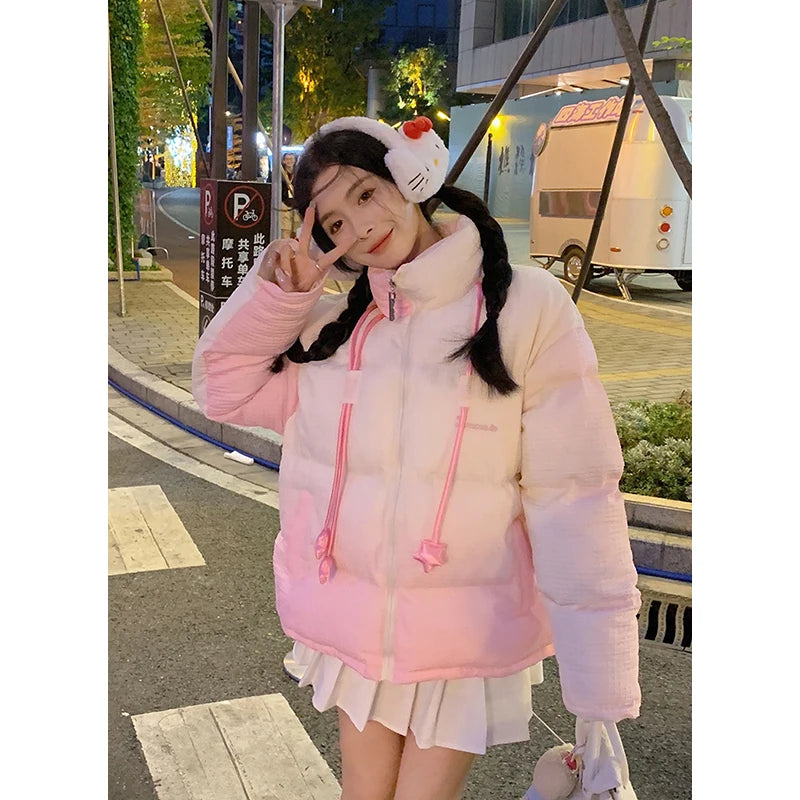 Autumn Winter Women Pink Down Jacket Korean Style Loose Cute Bunny Design Cotton-padded Coat Thick Warm Outerwear Female Y2K