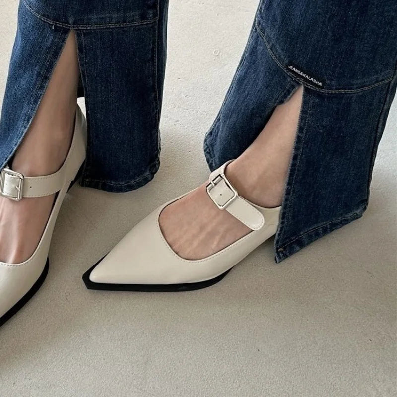 2023 Spring Mary Jane Shoes Pumps Women Low Heels Elegant Leather Pointed Toe Footwear Party Office Lady Shoes