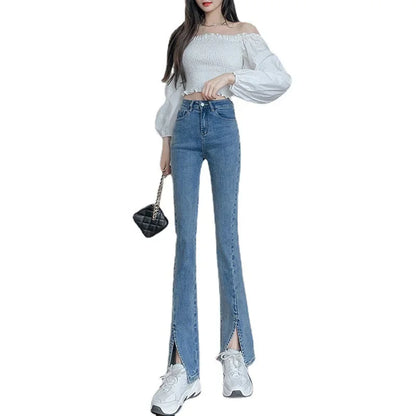 American Style High-waisted Slimming Jeans For Women Summer Side Slit Micro Flare Elasticity Slimming Dragging Long Pants