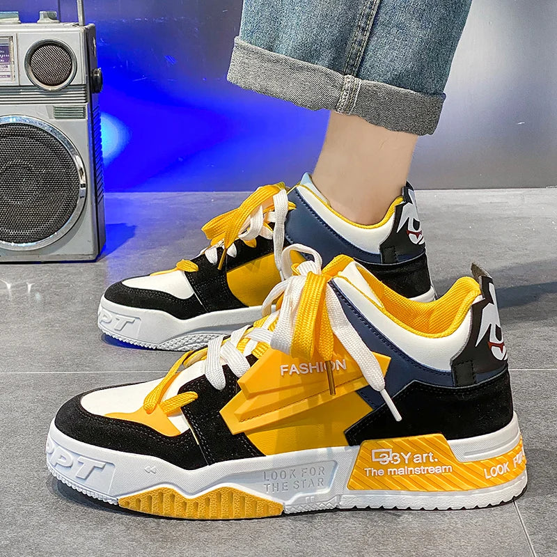 Hot sale Fashion Yellow Men's High Sneakers Autumn Couple Skateboard Shoes Street Hip Hop Shoes Men Designer Lace-Up Sneakers