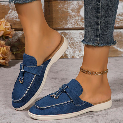 New Casual Flat Bottom Mules Lock Tassel Loafers Fashion Women Single Shoes Brand Metal Buckle Slipper Comfortable Slip on Shoes