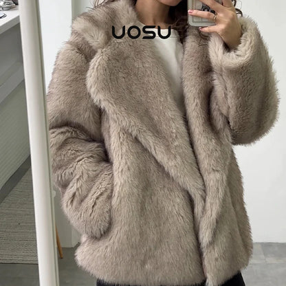 Oversized Lapel Fluffy Fur Coat Women Winter Warm Solid Faux Fur Jacket Long Luxury Brand Loose Party Outwear Fashion Clothes