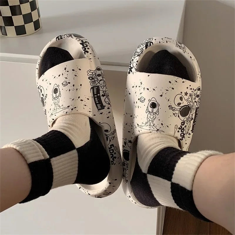 Women's Summer Space Rocket Fashion Street Graffiti Printing Comfortable Soft Bottom Non-Slip Sandal Mules Shoes