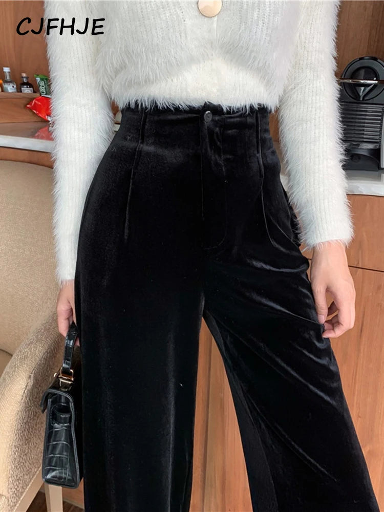 CJFHJE Winter Blue Velvet Elegant Pants Women Black Casual Korean Style Wide Leg Pants Loose Fashion High Waist Trousers Female