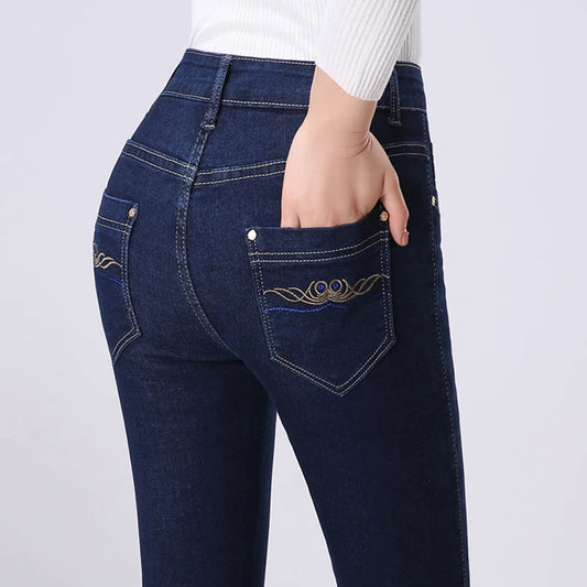 2024 Spring Autumn High waist Jeans Women With pockets Slim Cotton Stretch Mother Denim Trousers Casual Female Straight pants