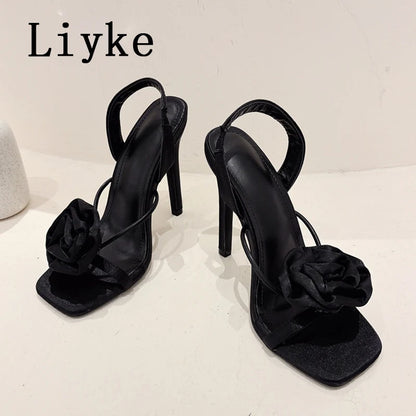 Liyke Summer Square Toe Slip On Back Strap Sandals Women Fashion Red Rose Flowers Designer High Heels Ladies Shoes Size 35-42