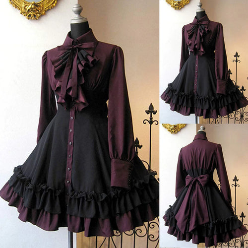 Women Vintage Palace Lolita Dress Bow Collar High Waist Victorian Princess Gothic Dress Renaissance Ruffles Cocktail Party Dress