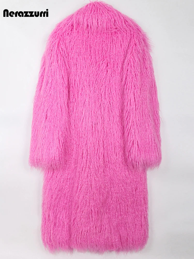 Nerazzurri Winter Long Bright Pink Oversized Shaggy Hairy Soft Fluffy Thick Warm Faux Fur Coat Women Lapel Runway Cute Fashion